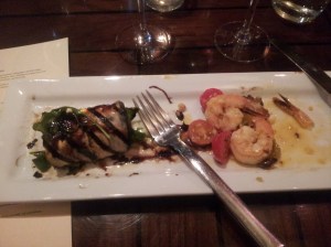 Eggplant roulade and sauteed shrimp